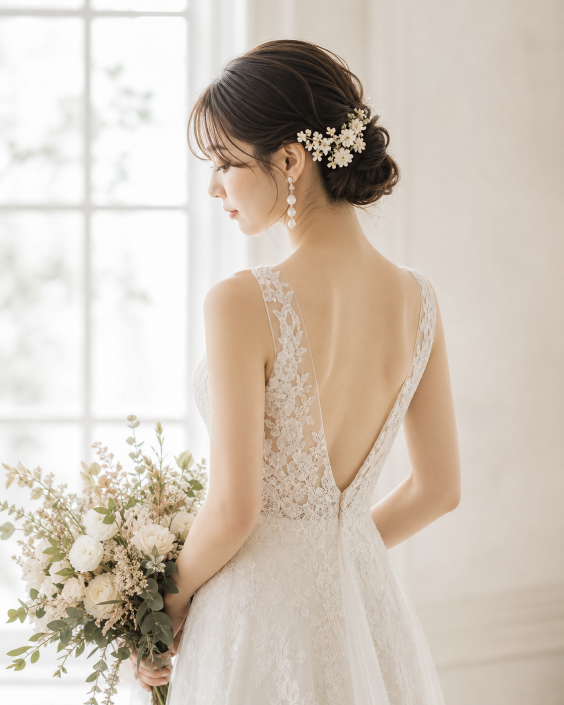 白いウェディングドレスを着た花嫁の後ろ姿