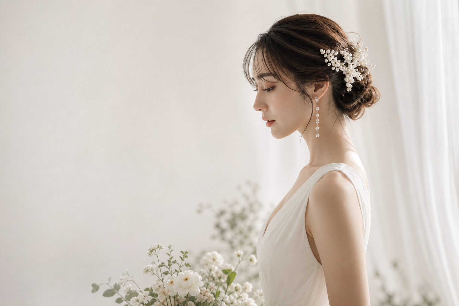 白い花を飾ったブライダルヘアの花嫁